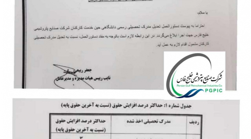 ابلاغ دستورالعمل تعدیل مدرک تحصیلی کارکنان شرکت صنایع پتروشیمی خلیج فارس